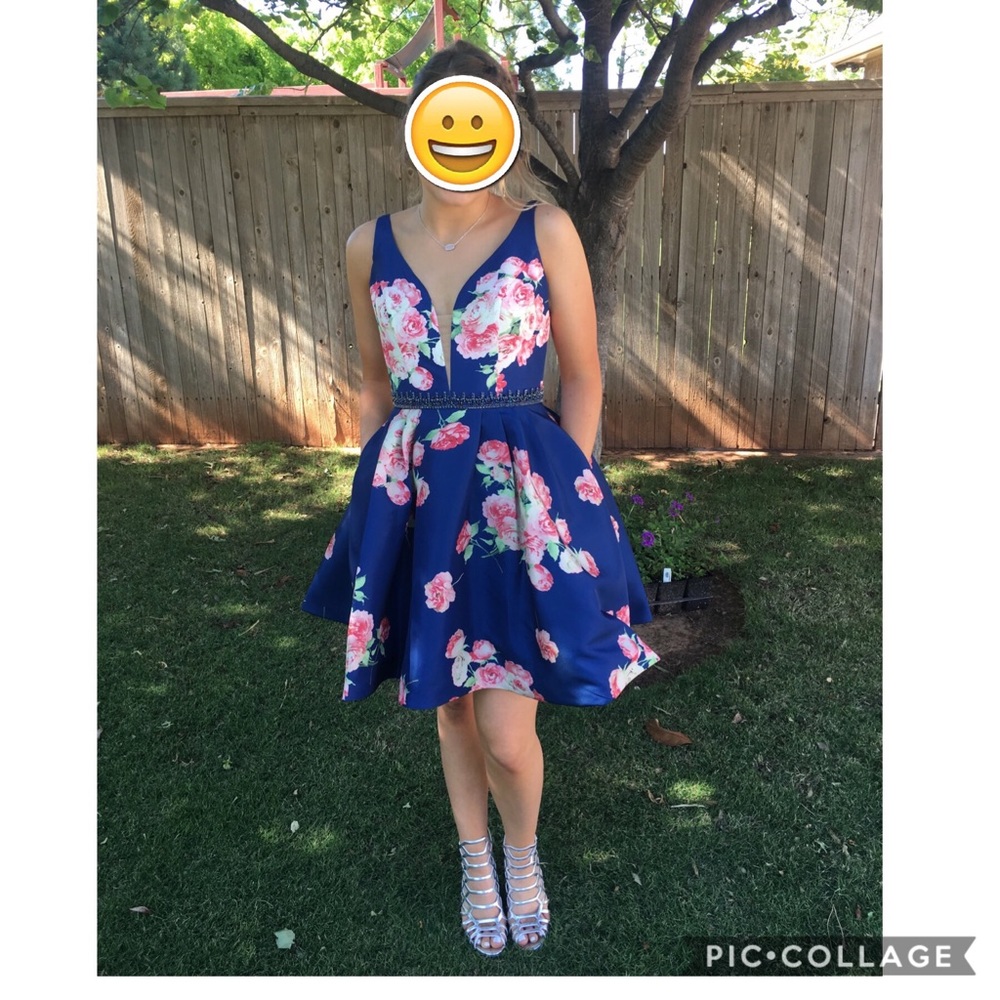 Sherri Hill blue floral dress.